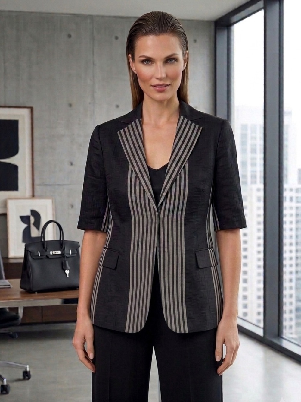 Akris Punto Linen Silk Striped 12 Short Sleeve Blazer Jacket Minimal Black Grey